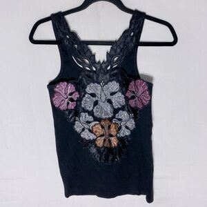 Vintage Y2K Simple Black Tank Top W Floral Appliqué M Festival Boho Retro